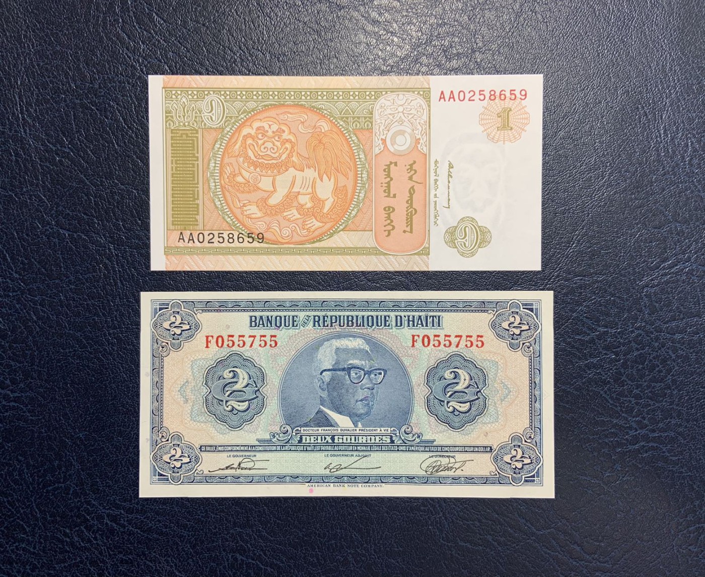 收藏联盟Quantum Auction 第289期拍卖  蒙古1993年1图格利特和海地1979年2古德 品相UNC 号码无347 海地角有轻微压痕 