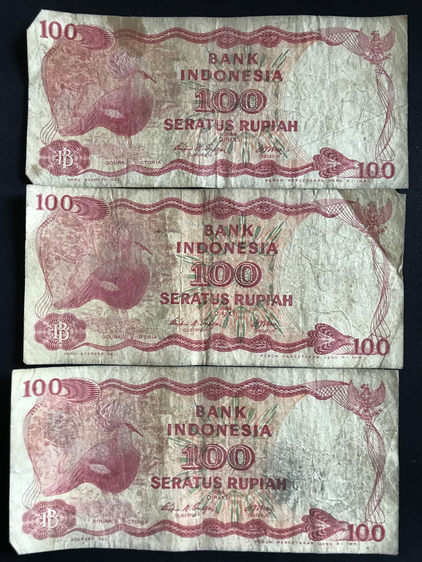 第409期 纸币专场 （无押金，捡漏，全场20包邮，偏远地区除外，接收代拍业务） 印度尼西亚100卢比三张