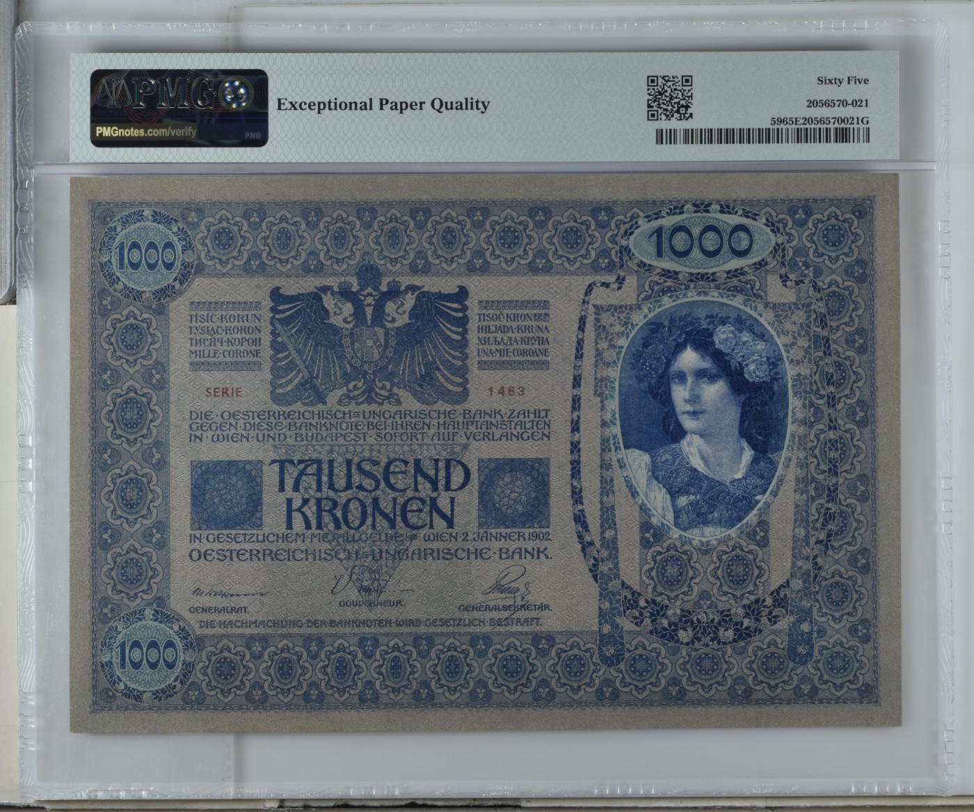 收藏联盟Quantum Auction 第289期拍卖  奥匈帝国1902 (ND 1919)年1000克朗加盖奥地利 PMG65 号码无47 大票幅 壳子有瑕疵