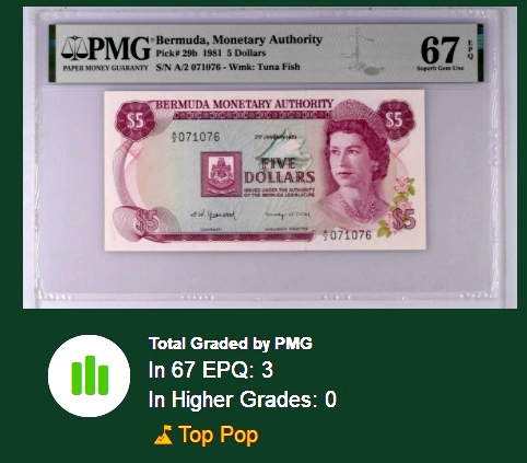 【Blue Auction】✨世界纸币精拍第371期【精】 【冠军分仅3张】百慕大 1981年5元 PMG67EPQ 高分 女王