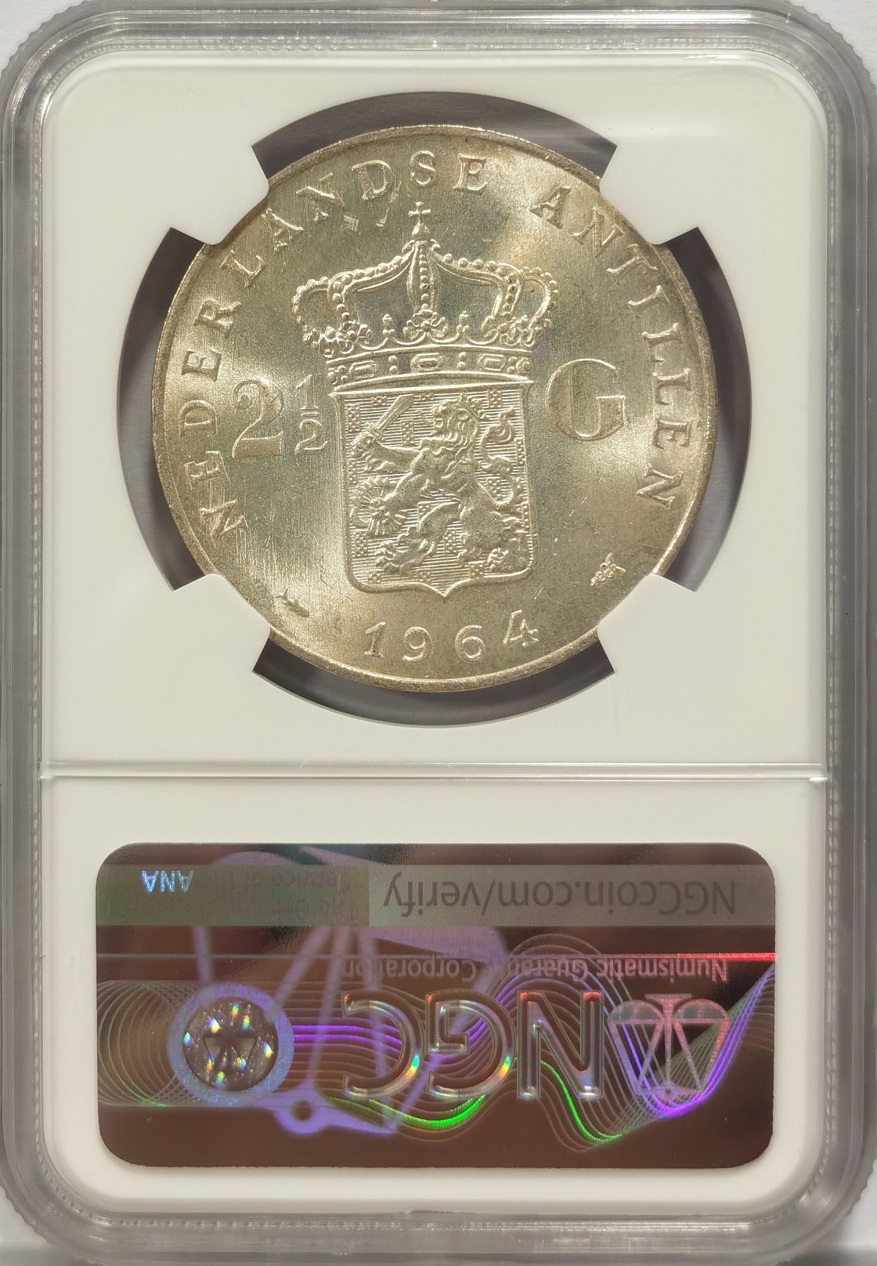 博洋堂世界钱币拍卖第140期（全场包邮） NGC MS62 荷属安的列斯1964年朱莉安娜女王2.5盾银币