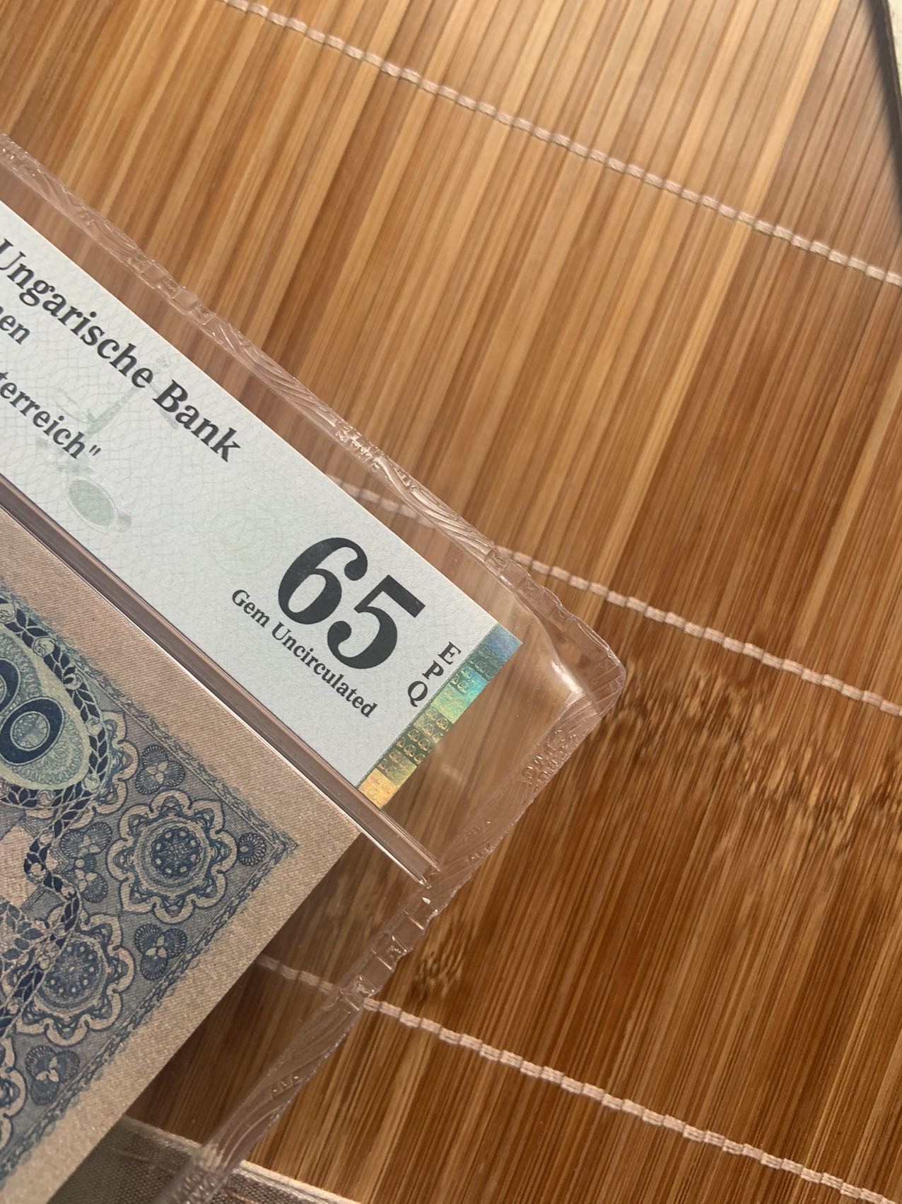 收藏联盟Quantum Auction 第289期拍卖  奥匈帝国1902 (ND 1919)年1000克朗加盖奥地利 PMG65 号码无47 大票幅 壳子有瑕疵