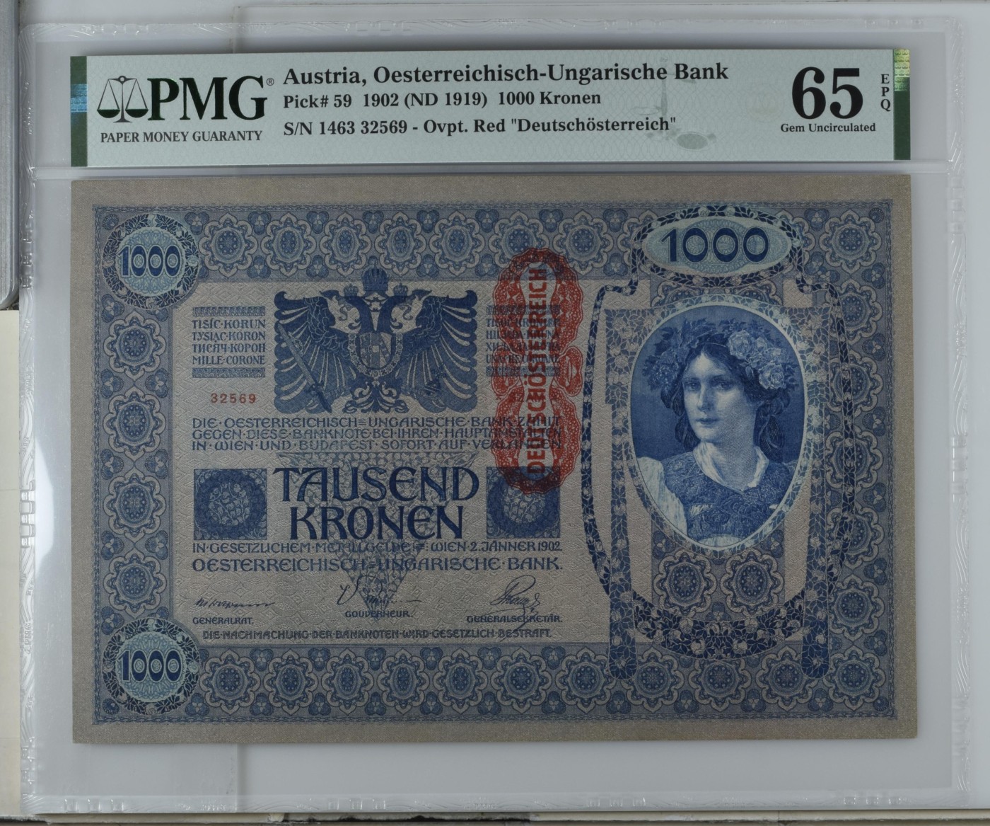收藏联盟Quantum Auction 第289期拍卖  奥匈帝国1902 (ND 1919)年1000克朗加盖奥地利 PMG65 号码无47 大票幅 壳子有瑕疵