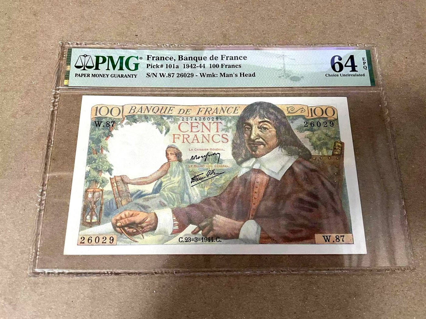 【Blue Auction】✨世界纸币精拍第371期【精】 【无47】法国 1944年100法郎 经典笛卡尔 PMG64EPQ 全新原票 