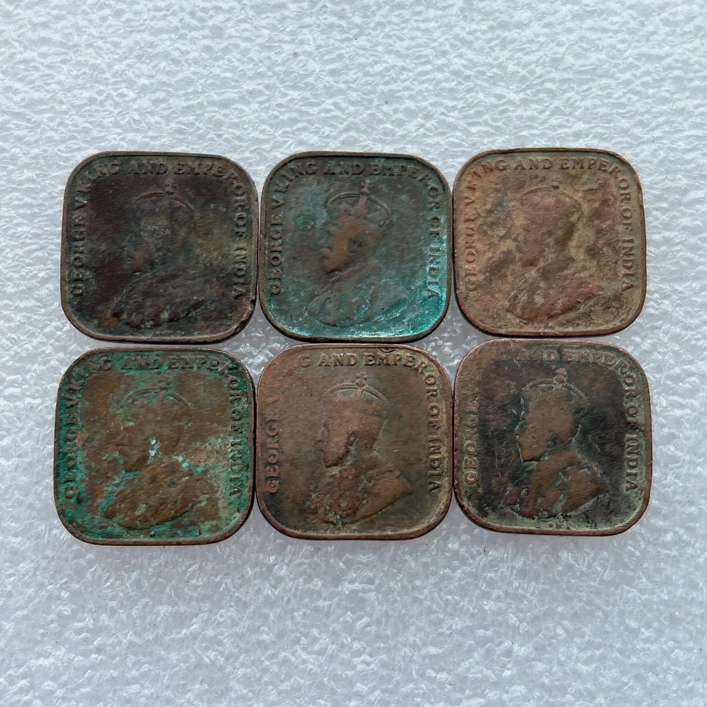 全场一元起拍 世界钱币散币场 第23期 英属海峡殖民地1919-20年1分方形青铜币6枚 乔治五世