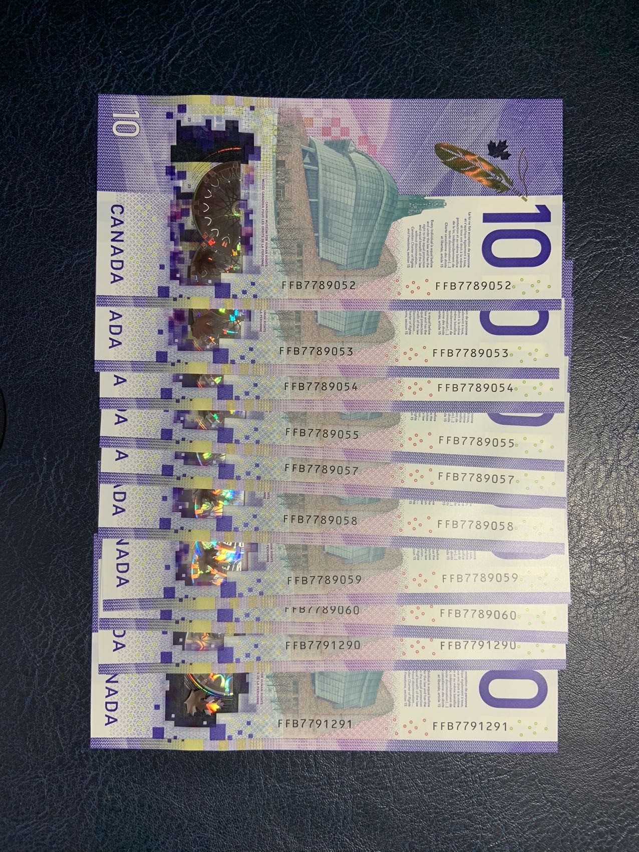 收藏联盟Quantum Auction 第289期拍卖  加拿大2018年10元10张 品相全新UNC 多数号码无4 获奖作品