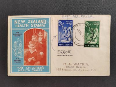 【第55期】莲池国际邮品 限时拍 含秒杀 - 【新西兰】1949 儿童健康系列 首日实寄封 带蓝色错体票 极为难得