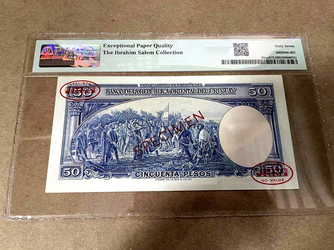 【Blue Auction】✨世界纸币精拍第371期【精】 【2号样钞 唯一冠军分罕见 名家旧藏】乌拉圭 1939年50比索 PMG67EPQ 高分 背面大场景