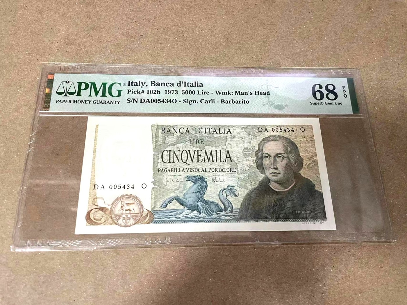 【Blue Auction】✨世界纸币精拍第371期【精】 【冠军分】意大利 1973年5000里拉 哥伦布 PMG68EPQ 超高分