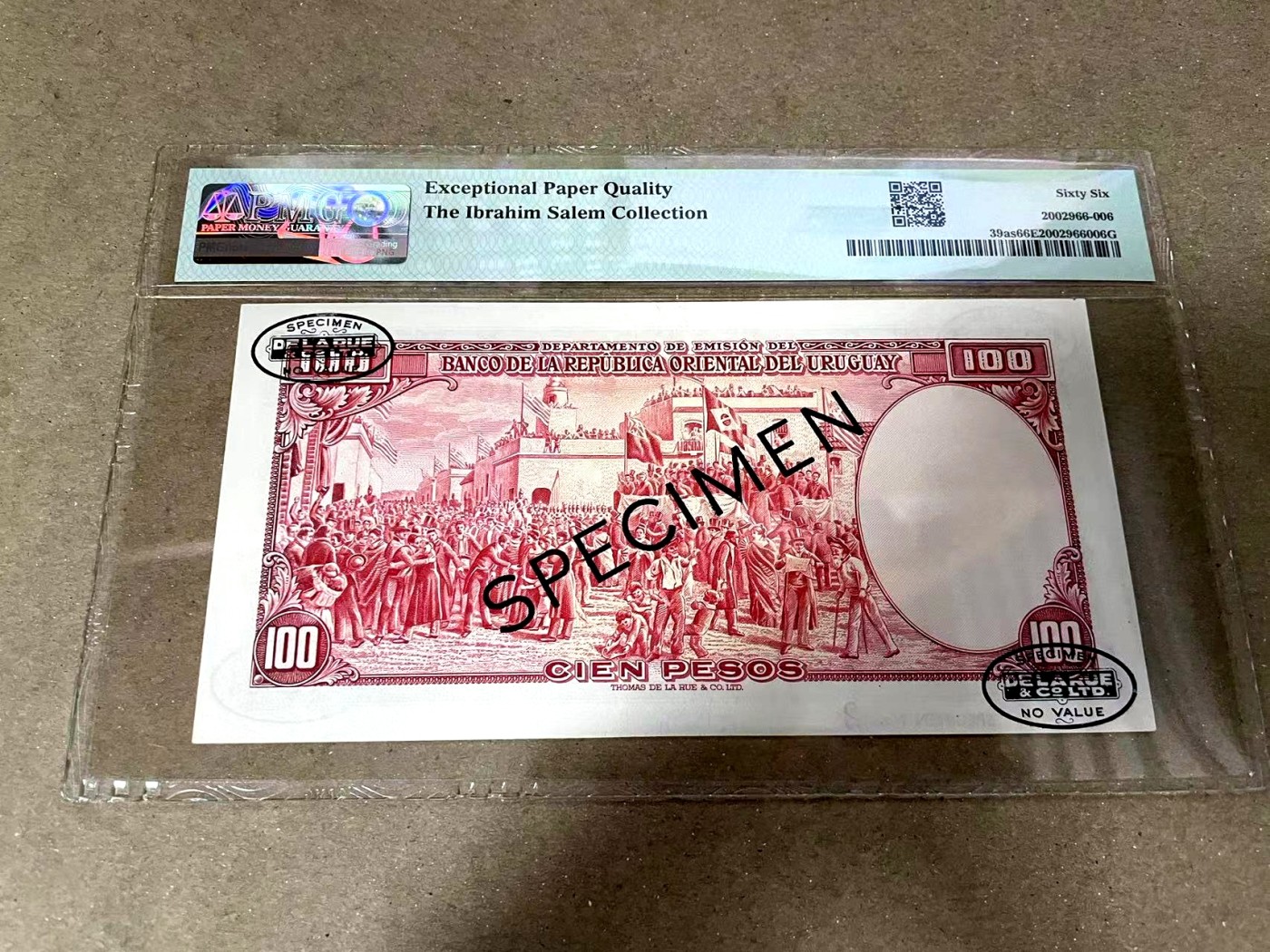 【Blue Auction】✨世界纸币精拍第371期【精】 【2号样钞 唯一冠军分罕见 名家旧藏】乌拉圭 1939年100比索 PMG66EPQ 高分 背面大场景