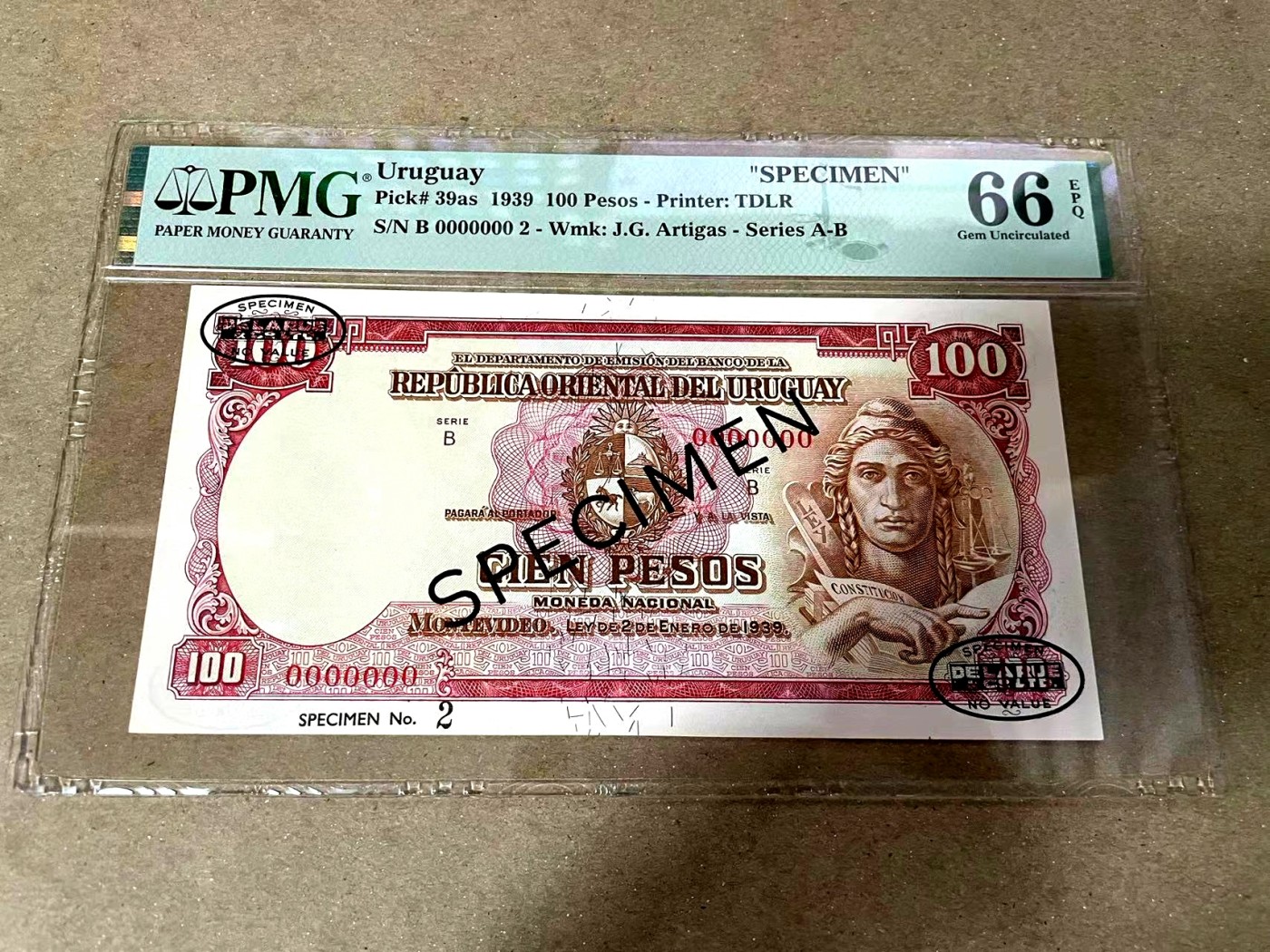 【Blue Auction】✨世界纸币精拍第371期【精】 【2号样钞 唯一冠军分罕见 名家旧藏】乌拉圭 1939年100比索 PMG66EPQ 高分 背面大场景