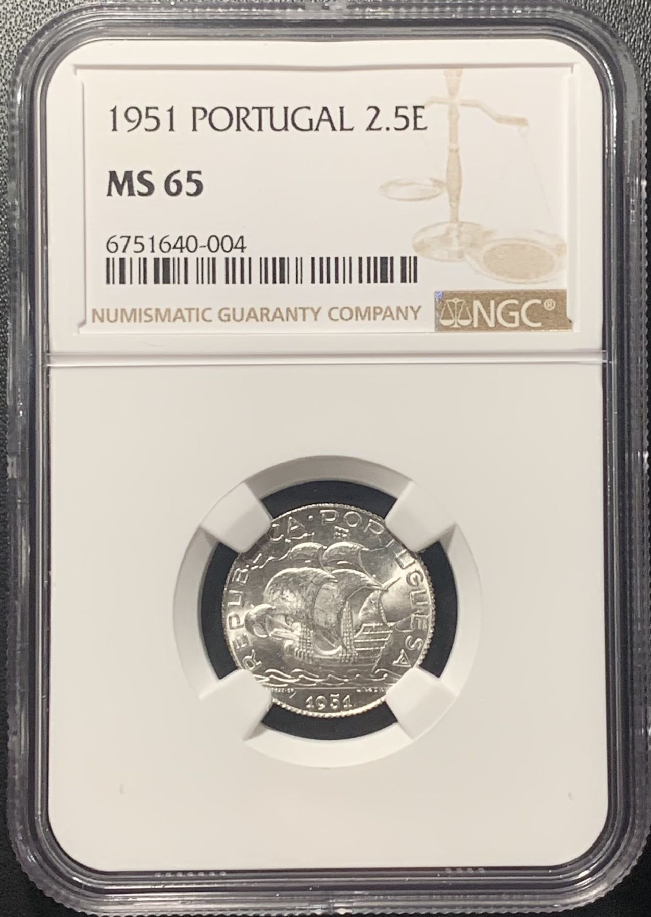 紫瑗钱币——第305期拍卖 葡萄牙 1951年 帆船 2.5埃斯库多 银币 NGC MS65