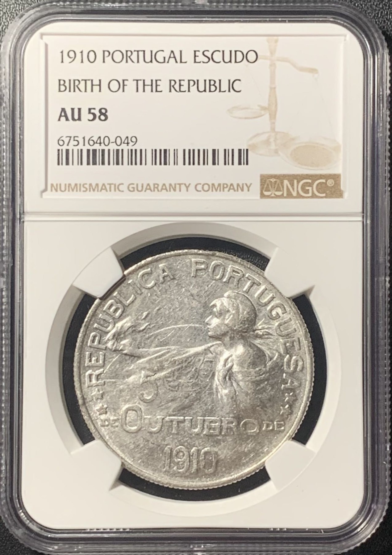 紫瑗钱币——第305期拍卖 葡萄牙 1910年 共和国诞生 1埃斯库多 银币 NGC AU58