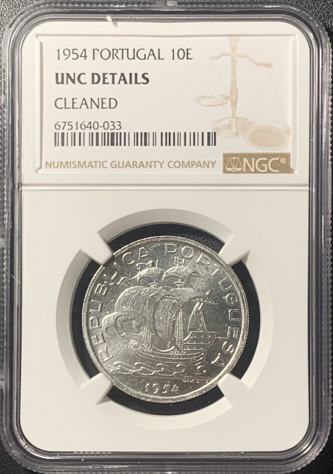 紫瑗钱币——第305期拍卖 葡萄牙 1954年 帆船 10埃斯库多 银币 NGC UNC Detail