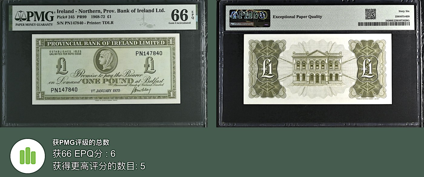 《张总收藏》119期-外币精品汇-国庆假期前高货特别场 北爱尔兰1镑 PMG66E 1970年老版本 亚军分