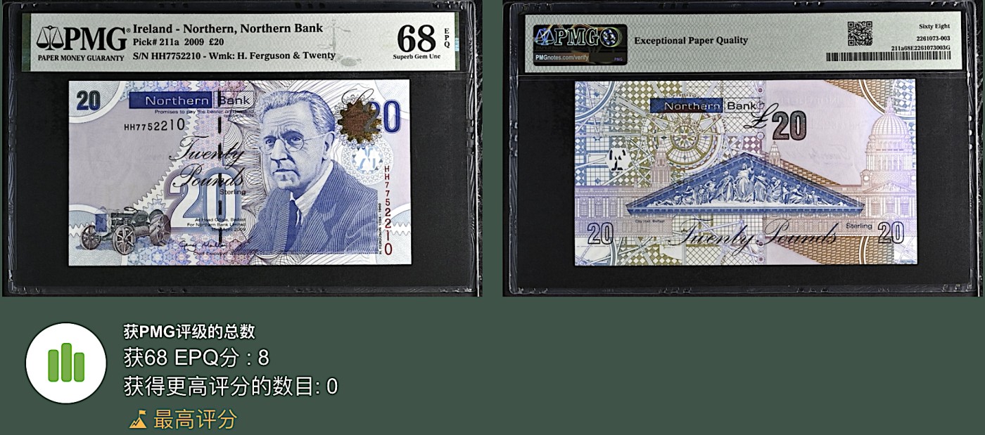 《张总收藏》119期-外币精品汇-国庆假期前高货特别场 北爱尔兰20镑 PMG68E 2009年 北方银行 无4冠军分
