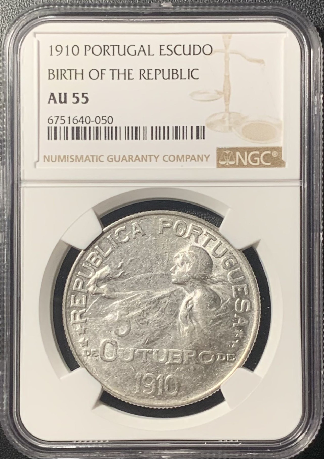 紫瑗钱币——第305期拍卖 葡萄牙 1910年 共和国诞生 1埃斯库多 银币 NGC AU55