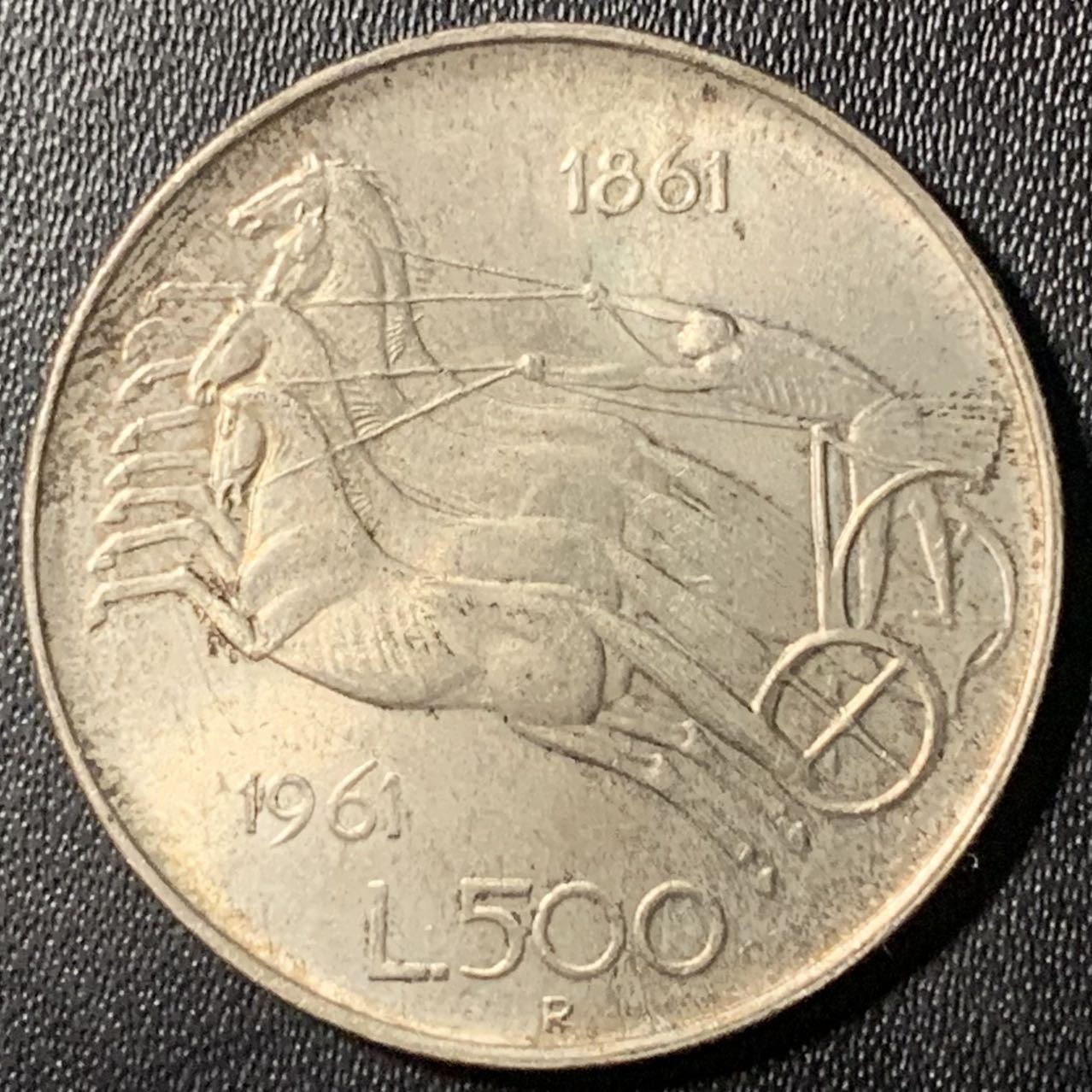 紫瑗钱币——第305期拍卖 意大利 1961年 马车 500里拉 11克 0.835银 UNC