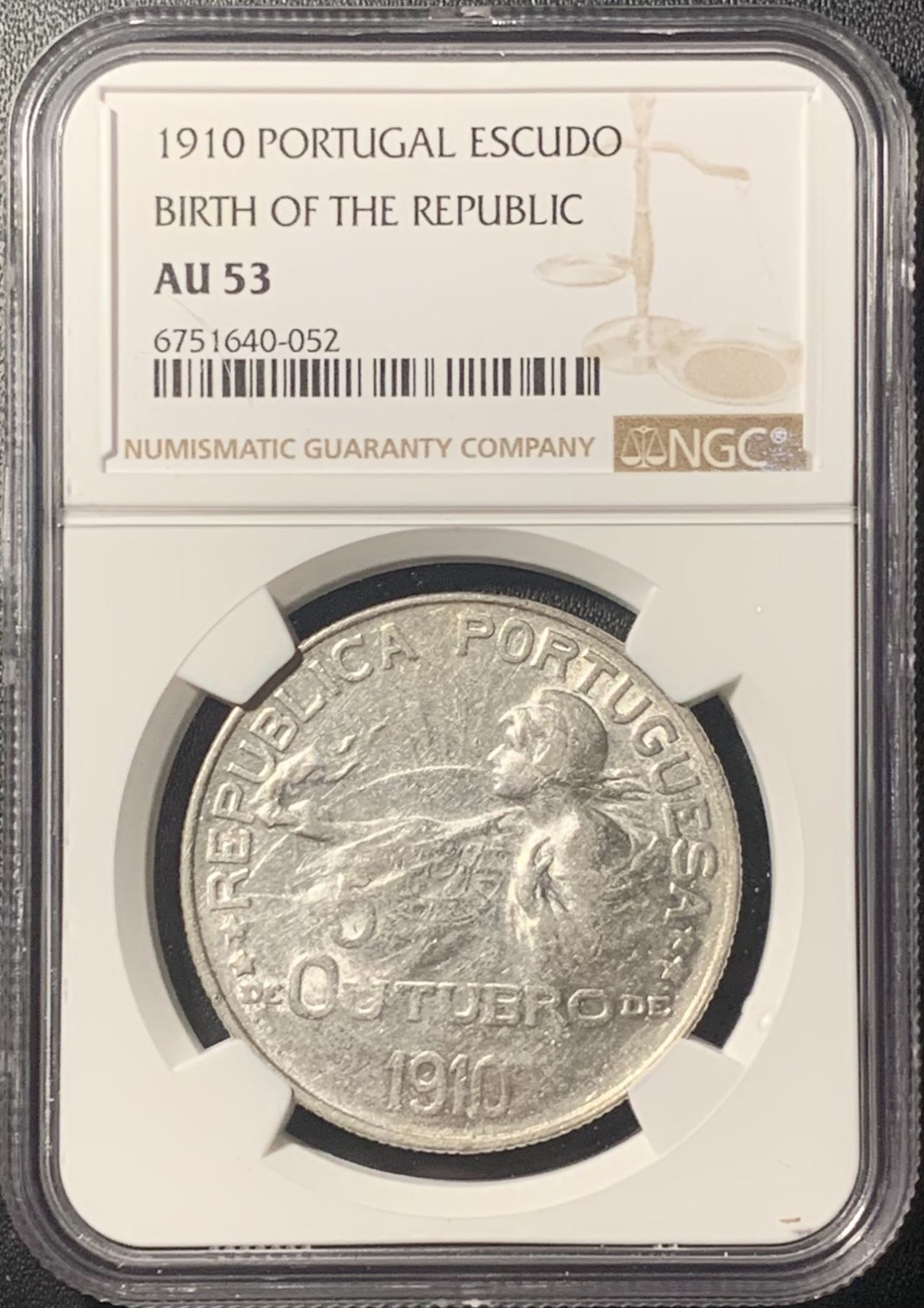 紫瑗钱币——第305期拍卖 葡萄牙 1910年 共和国诞生 1埃斯库多 银币 NGC AU53