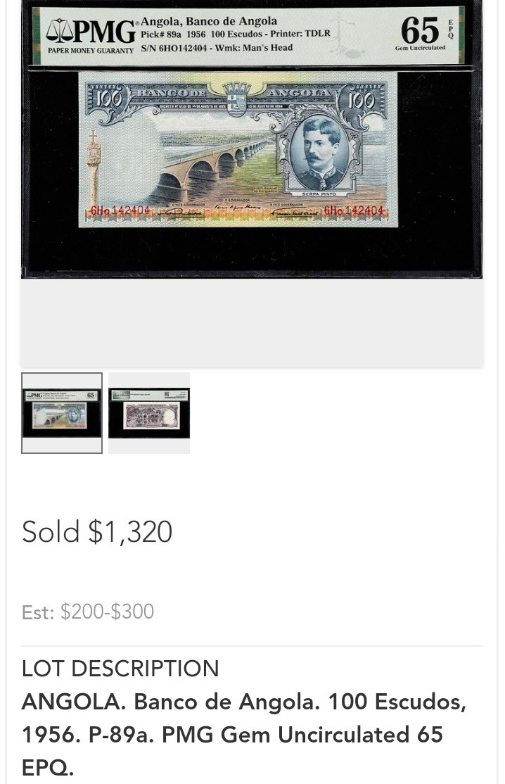 【Blue Auction】✨世界纸币精拍第369期【精】 【唯一冠军分】安哥拉 1956年100埃斯库多 背面象群 非常漂亮 PMG67EPQ 高分