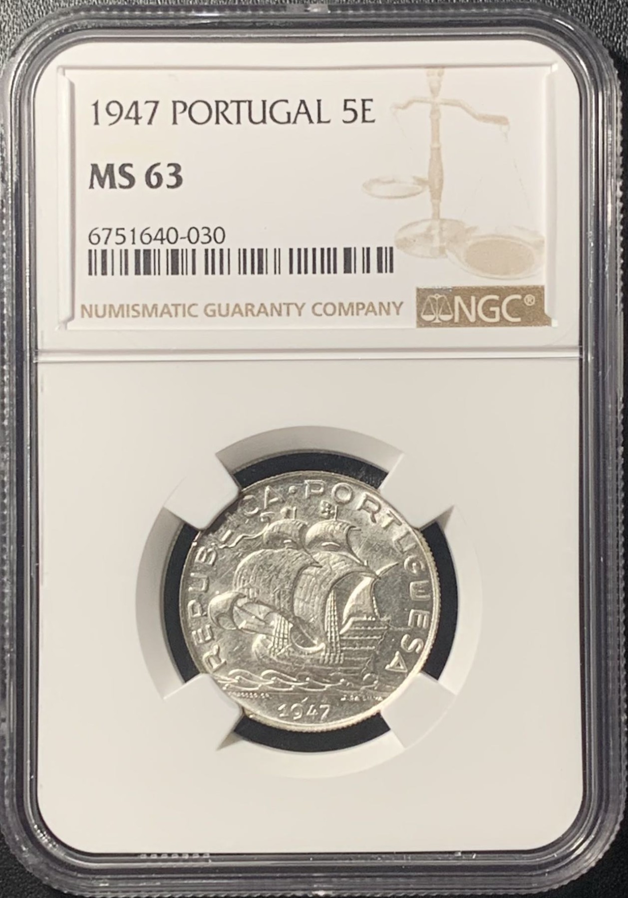 紫瑗钱币——第305期拍卖 葡萄牙 1947年 帆船 5埃斯库多 银币 NGC MS63