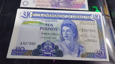 【世界钱币】精选微拍第69期暨2023年第十六期 多款纸币裸钞超低价起拍(第一场) 1986年直布罗陀10镑 全新绝品无4尾号372(非图片号码)