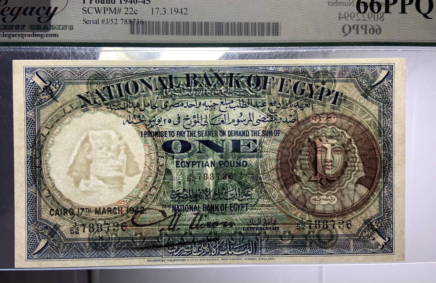 收藏联盟Quantum Auction 第289期拍卖  埃及1942年1镑 LCG66ppq (原pcgs绿标) 号码无4