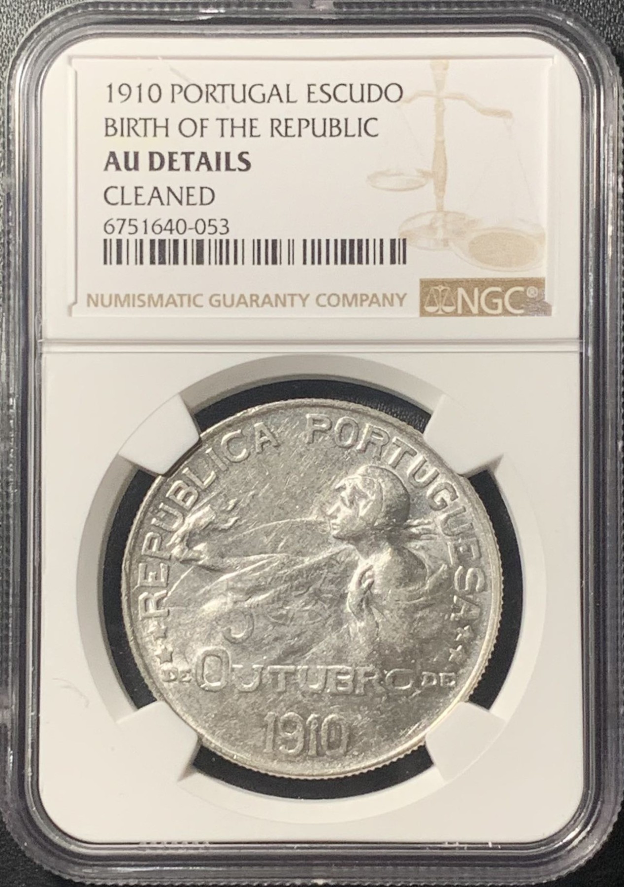 紫瑗钱币——第305期拍卖 葡萄牙 1910年 共和国诞生 1埃斯库多 银币 NGC AU Detail