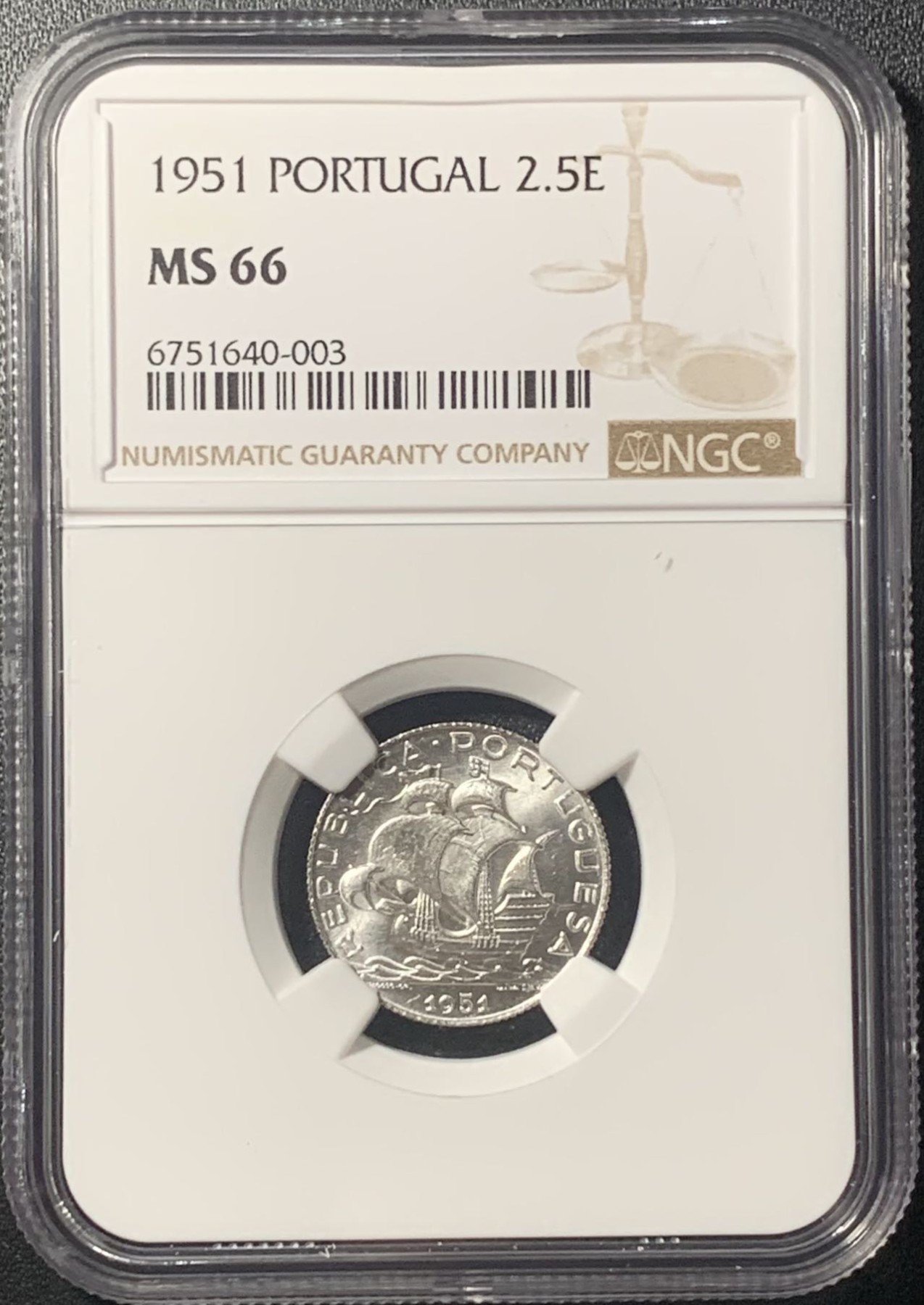 紫瑗钱币——第305期拍卖 葡萄牙 1951年 帆船 2.5埃斯库多 银币 NGC MS66