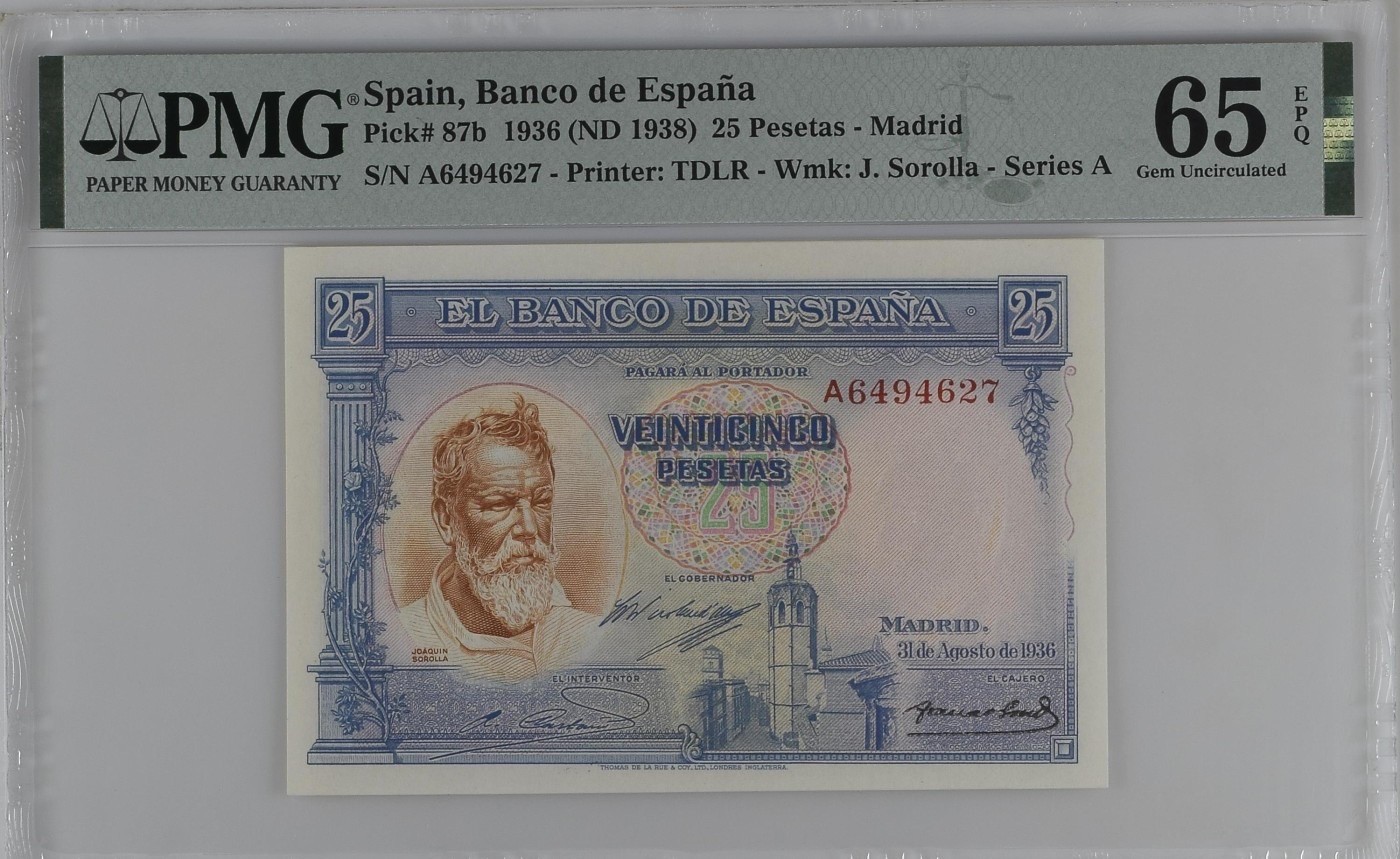 收藏联盟Quantum Auction 第290期拍卖  西班牙1936年25比塞塔 PMG65 小华金 德纳罗代印精品