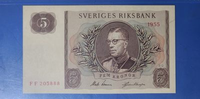 港、澳、台、中外钞、流水签、机签、箱包单、靓号专场第32期 - 瑞典 1955 年 5克朗 老钞 老钞 难得 可遇不可求 号码无47 双冠 豹子号 FF205888 一张/正面左侧边有一荧光斑/品相如图 