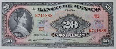 港、澳、台、中外钞、流水签、机签、箱包单、靓号专场第32期 - 墨西哥 1969年 20比索 老纸钞 古色古香 难得豹子号 N741888 UNC一张/如图