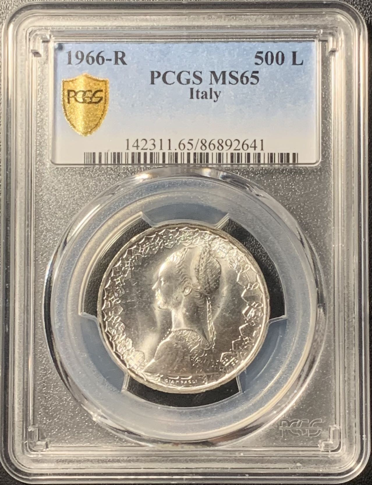 紫瑗钱币——第305期拍卖 意大利 1966年 少女与帆船 500里拉 银币 PCGS MS65