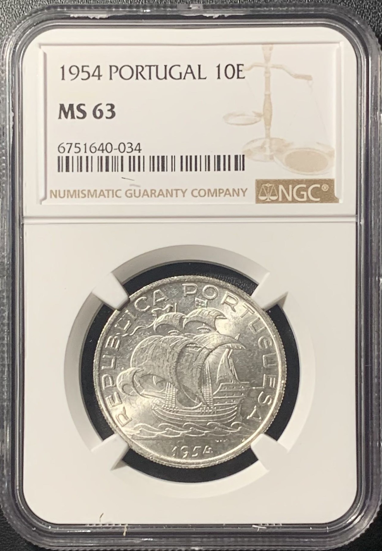紫瑗钱币——第305期拍卖 葡萄牙 1954年 帆船 10埃斯库多 银币 NGC MS63
