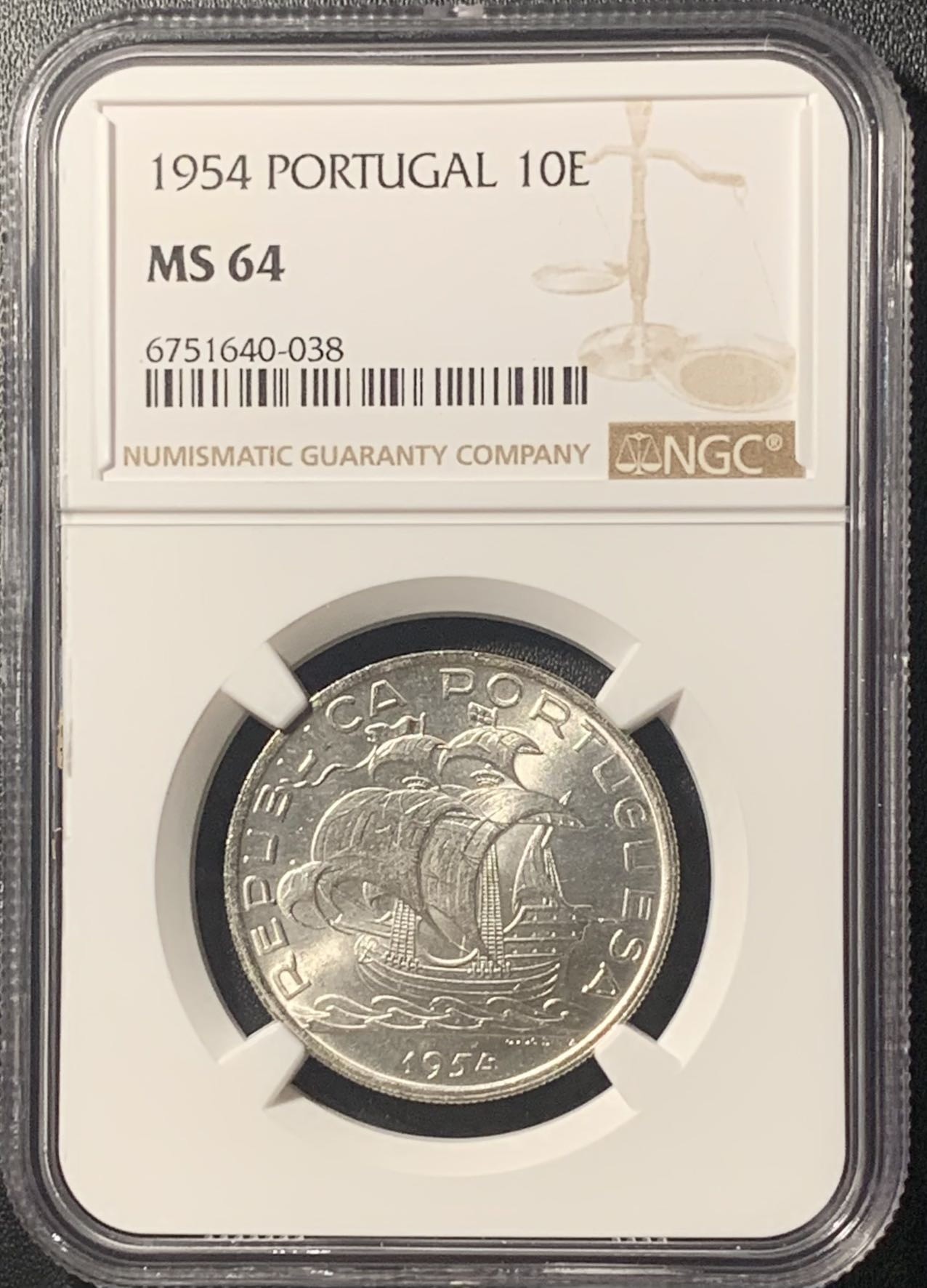 紫瑗钱币——第305期拍卖 葡萄牙 1954年 帆船 10埃斯库多 银币 NGC MS64