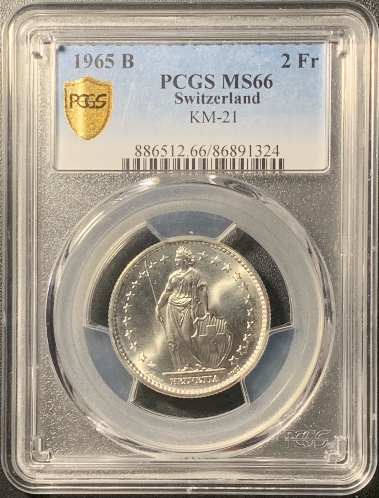 紫瑗钱币——第305期拍卖 瑞士 1965年 B版 赫尔维蒂亚 2法郎 银币 PCGS MS66