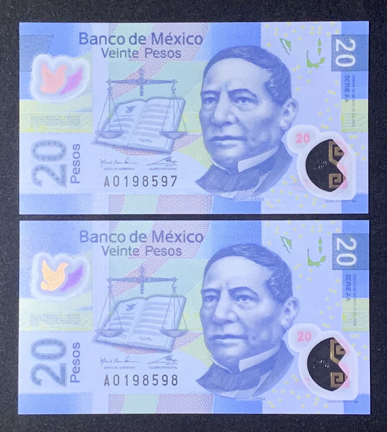 紫瑗钱币——第306期拍卖 【首发AA冠】墨西哥 2016年 20比索 塑料币 UNC 2枚一组