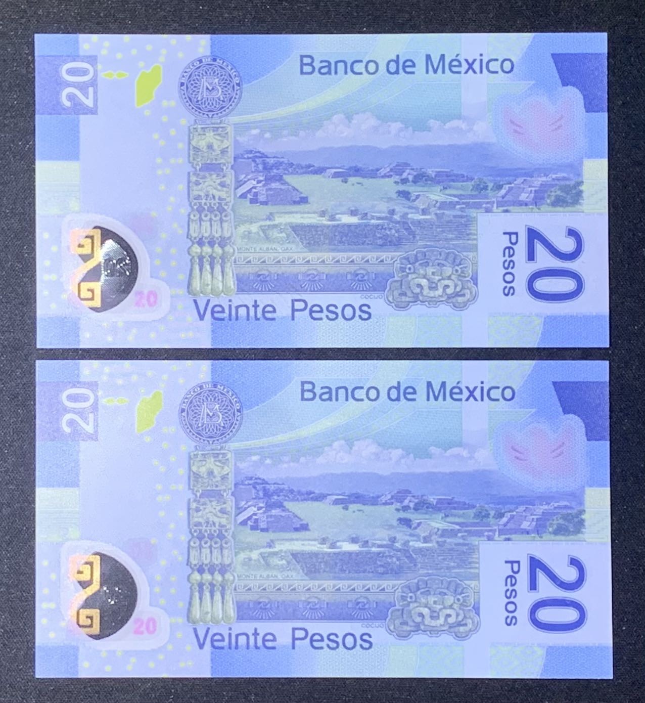紫瑗钱币——第306期拍卖 【首发AA冠】墨西哥 2016年 20比索 塑料币 UNC 2枚一组