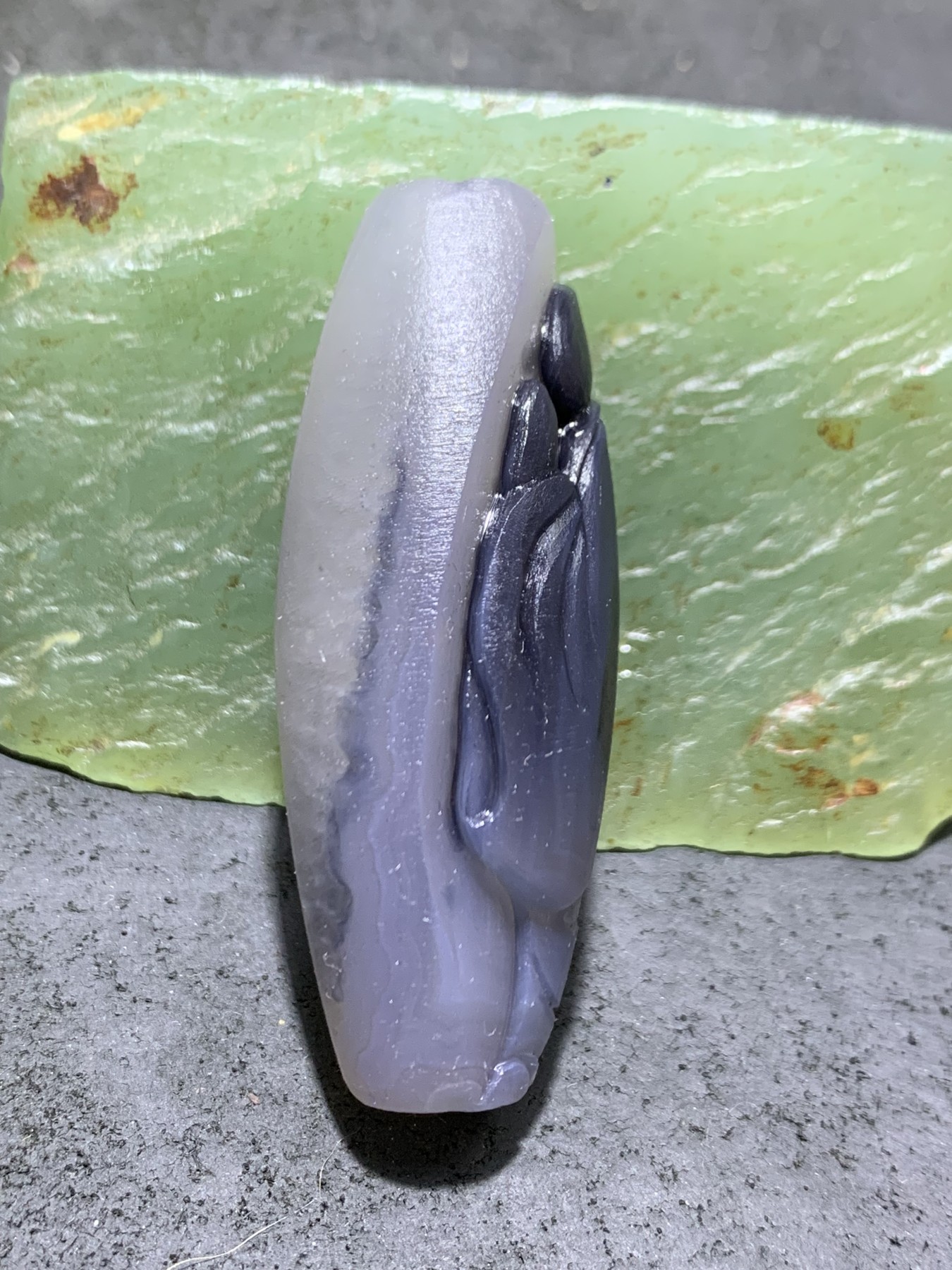 精美天然亚光高玉化蓝玉髓冰飘九眼页岩天珠雕刻一心向佛把件（吊坠）一个