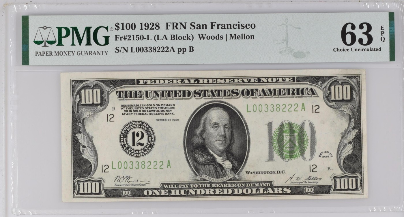 收藏联盟Quantum Auction 第289期拍卖  1928年美国100元 数字冠12三藩市联储 PMG63E