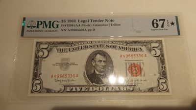 【世界钱币】精选微拍第72期暨2023年第十九期 库存少量评级币超低价起拍 - 1963秒美国5元红裤印 双A冠 PMG67E带⭐非常罕见(65带⭐拍到近700）)