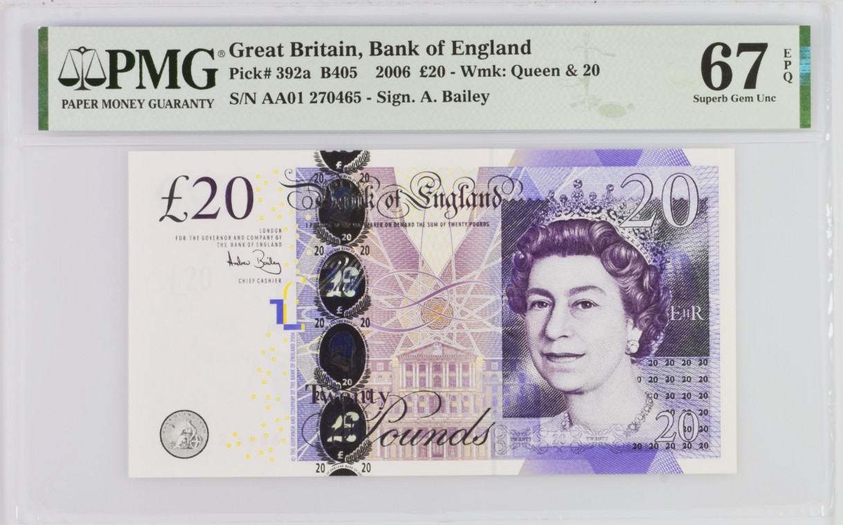 《张总收藏》119期-外币精品汇-国庆假期前高货特别场 英国2006年F序列20镑AA01冠PMG67E高分