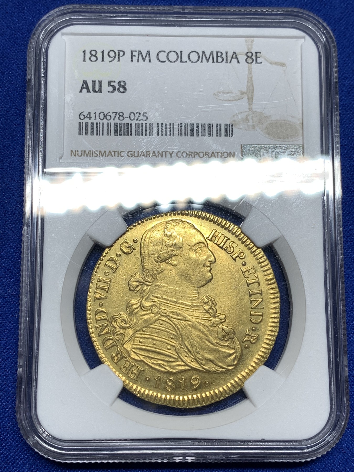 《竞宝斋》第198场-周日，周一 2场 (全场包邮) NGC AU58 哥伦比亚 1819年 卡四头像费七铭文 8E 27克大金币 底板光洁 27克  极少见品种