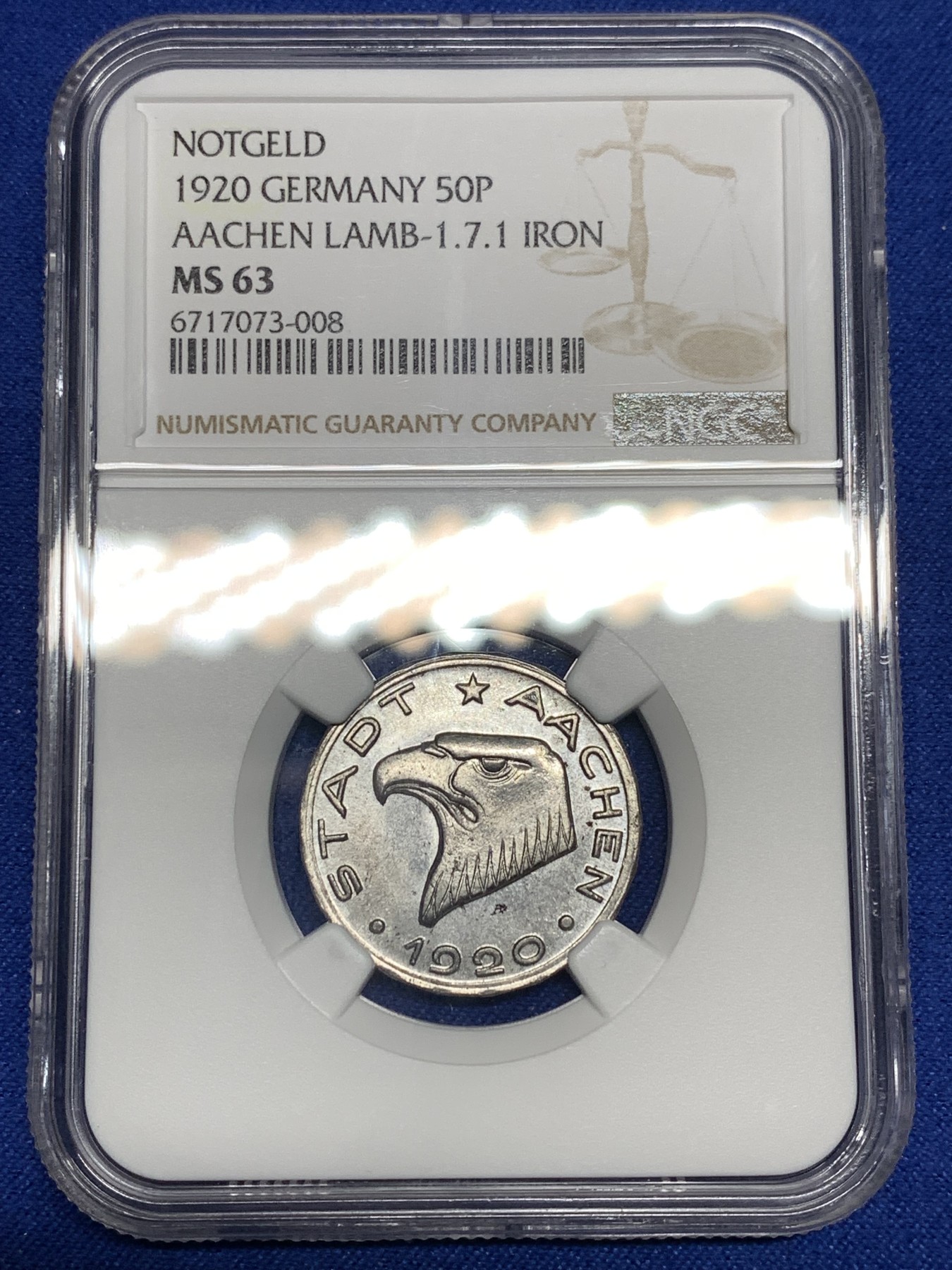 《竞宝斋》第198场-周日，周一 2场 (全场包邮) NGC MS63  1920年德国德紧亚琛鹰头50芬尼铁币 铁币保存不易 非常难得的品相