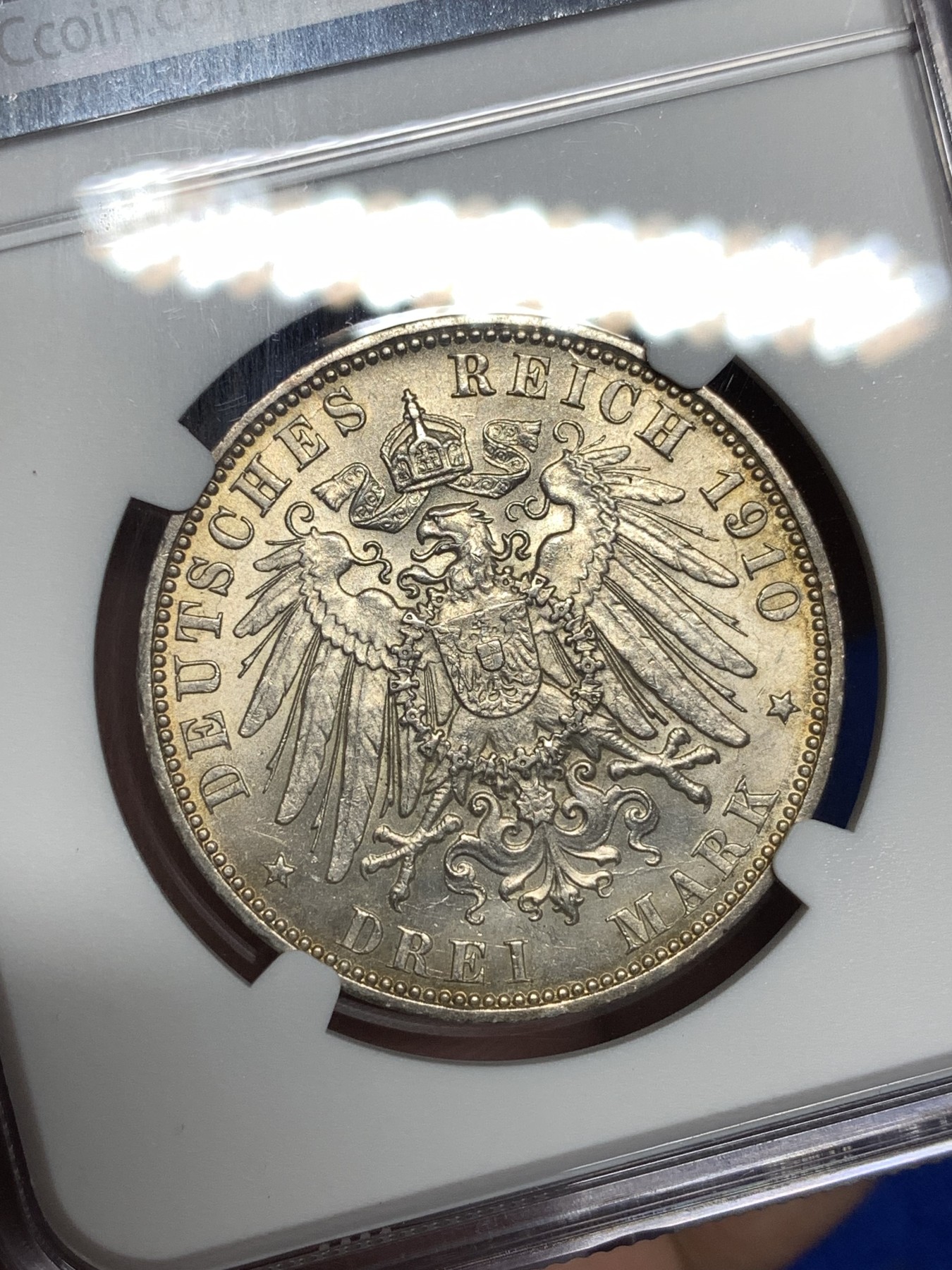 《竞宝斋》第198场-周日，周一 2场 (全场包邮) NGC MS64 1910年 德国汉堡双狮3马克银币