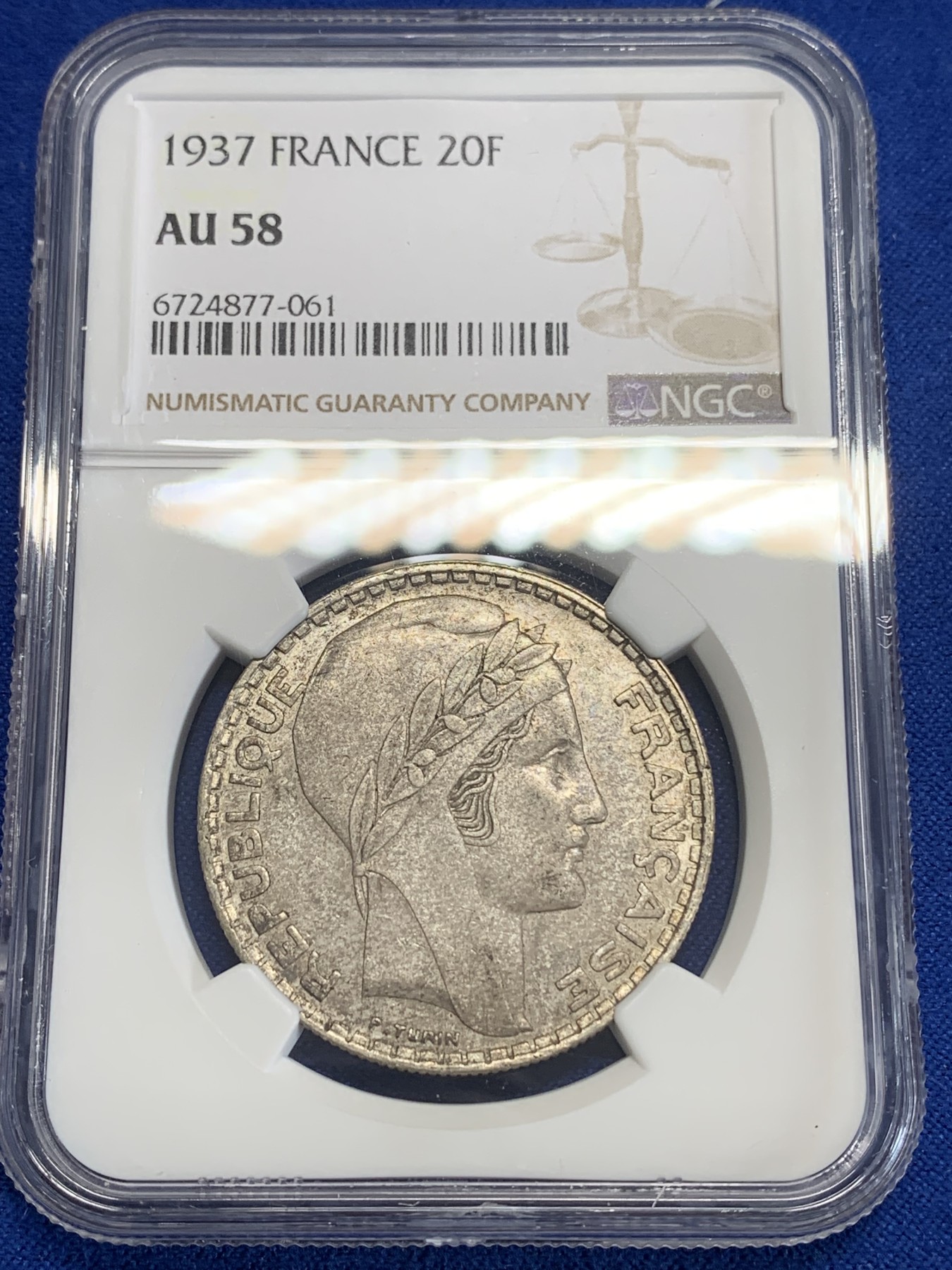 《竞宝斋》第198场-周日，周一 2场 (全场包邮) NGC-AU58 法国1937年女神20法郎大银币