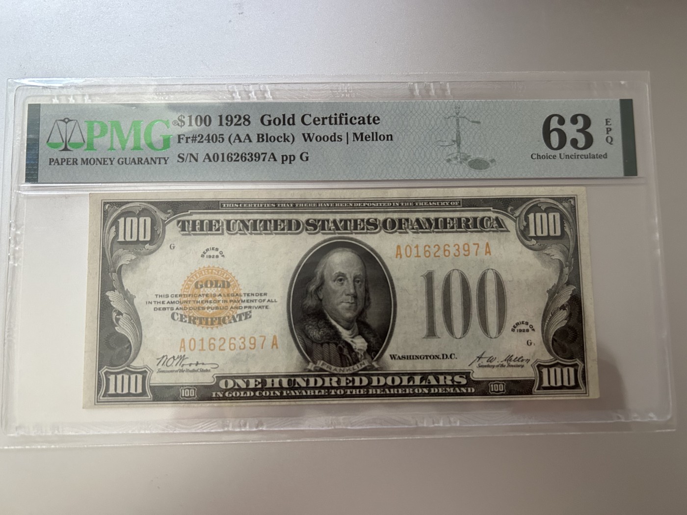 收藏联盟Quantum Auction 第289期拍卖  美国1928年金币券100元 PMG63E