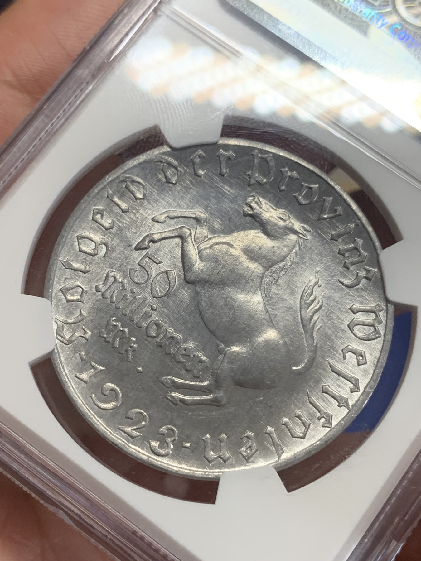 《竞宝斋》第198场-周日，周一 2场 (全场包邮) NGC MS63  1923年德国德紧威斯特法伦5000万马克铝币 次大面值 镜面底板 难得好品好状态！