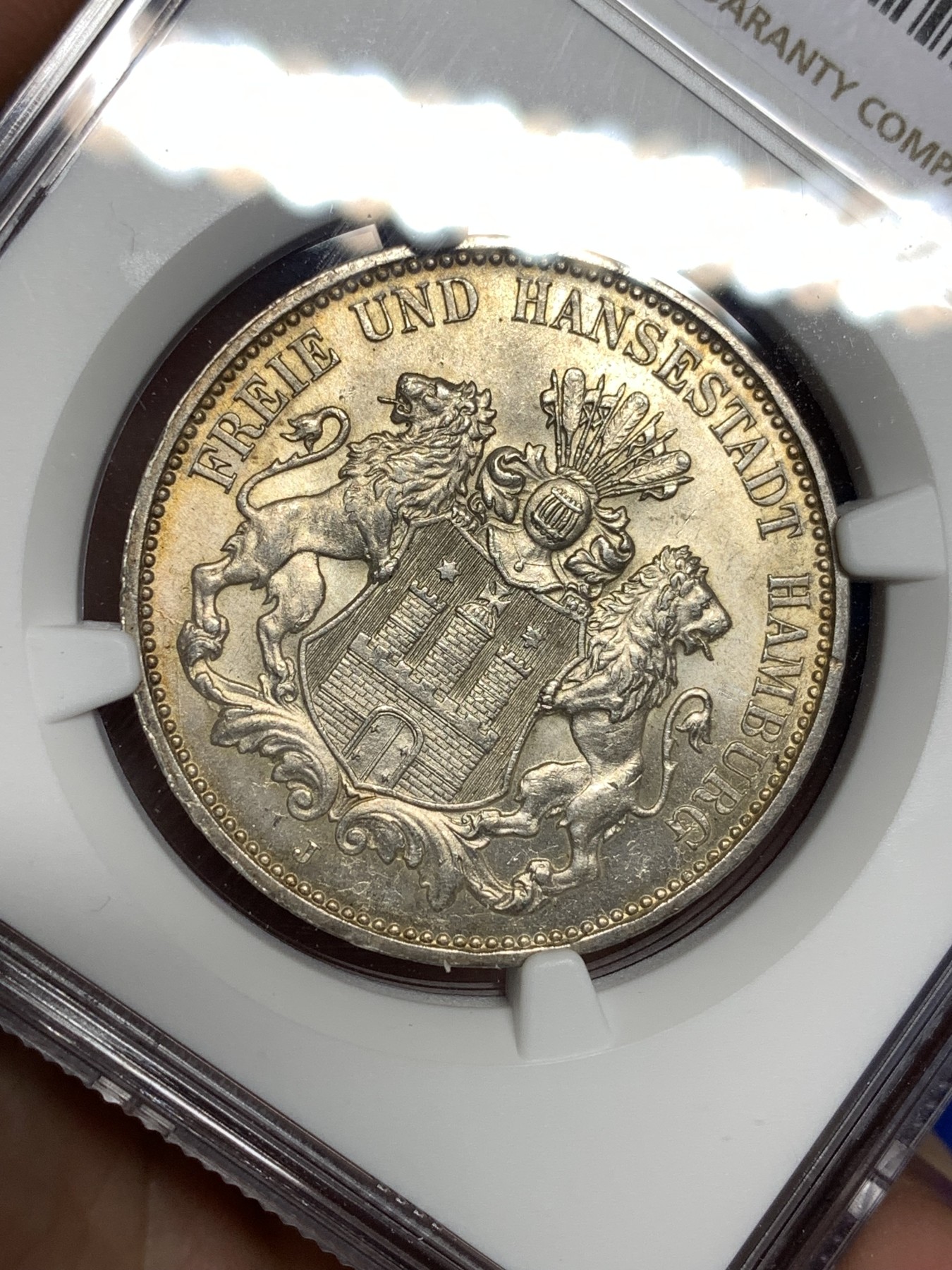 《竞宝斋》第198场-周日，周一 2场 (全场包邮) NGC MS64 1910年 德国汉堡双狮3马克银币