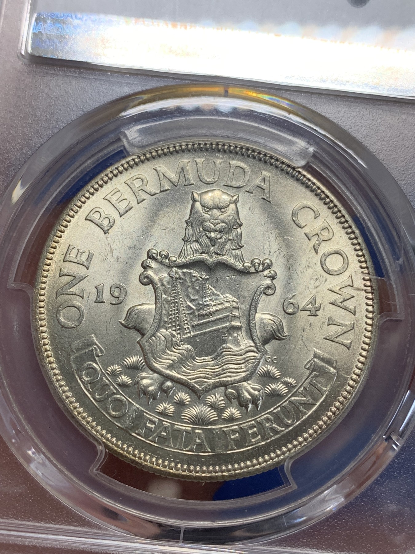 《竞宝斋》第198场-周日，周一 2场 (全场包邮) PCGS-MS64 英属百慕大群岛  1964年1克朗银币，黄油彩包浆